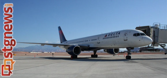 A Delta charter Boeing 757 arrived at St. George Municipal Airport on Wednesday Morning. The plane was chartered by Stampin’ Up!, a Kanab-based sales and manufacturing organization. | Photo by Michael Flynn, St. George News